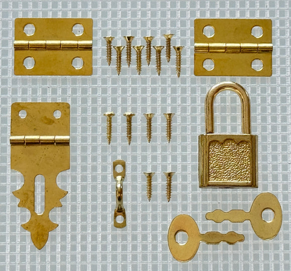 Y221 Kit - 3/4'' Width X 1 7/8'' Height Hasp, Hinges, Lock, Brass Finish, screws