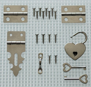 Y242 Kit - 3/4'' Width X 1 7/8'' Height Hasp, Hinges, Heart Lock, Nickel Finish, screws