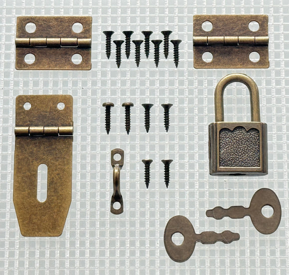 Y234 Kit - 3/4'' Width X 1 7/8'' Height Hasp, Hinges, Lock, Antique Br. Finish, screws