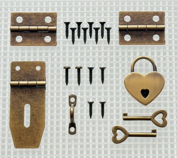 Y254 Kit - 3/4'' Width X 1 7/8'' Height Hasp, Hinges, Heart Lock, Antique Br. Finish, screws