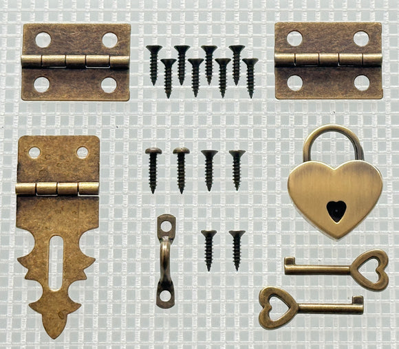 Y244 Kit - 3/4'' Width X 1 7/8'' Height Hasp w/Swing, Hinges, Heart Lock, Antique Br. Finish, screws
