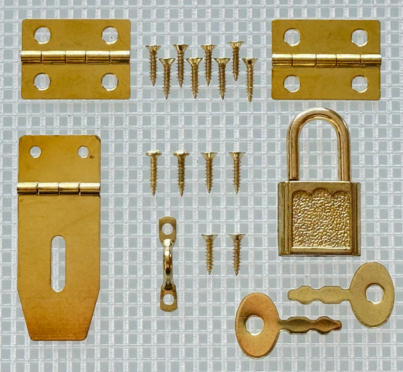 Y231 Kit - 3/4'' Width X 1 7/8'' Height Hasp, Hinges, Lock, Brass Finish, screws